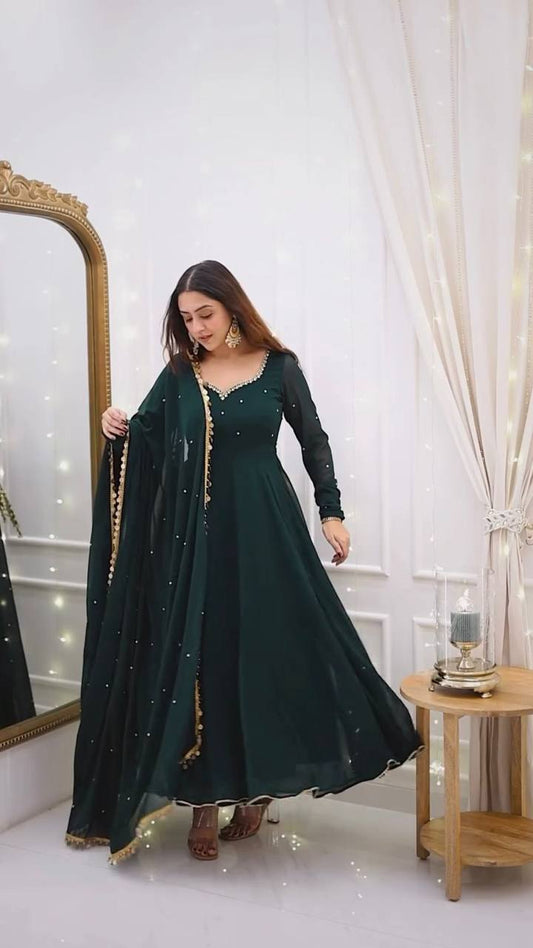 Green Color Georgette With Thread Work Long Anarkali Gown