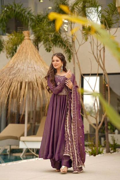 Purple Color Roman Chimar Silk With Embroidery Work Gown With Dupatta