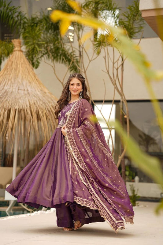 Purple Color Roman Chimar Silk With Embroidery Work Gown With Dupatta