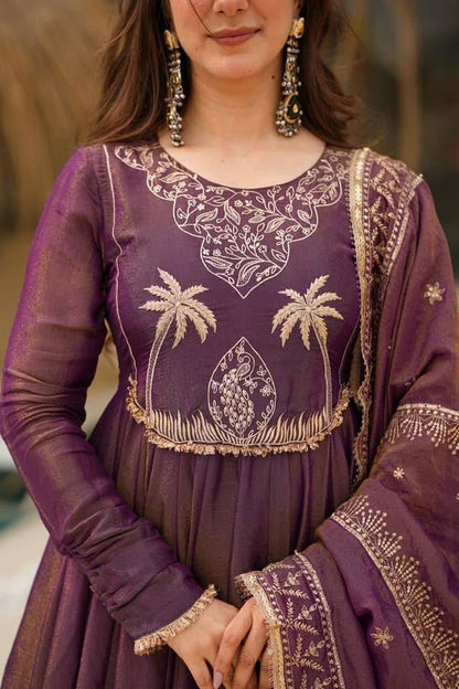 Purple Color Roman Chimar Silk With Embroidery Work Gown With Dupatta