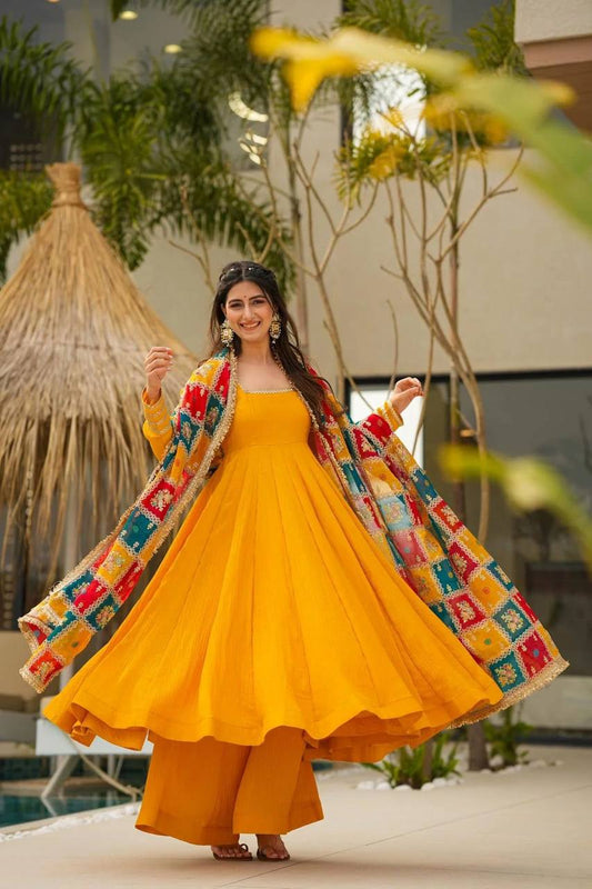 Yellow Color Chinon Silk Plazo With Top And Dupatta