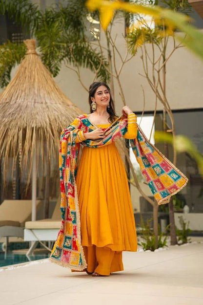Yellow Color Chinon Silk Plazo With Top And Dupatta