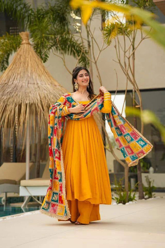 Yellow Color Chinon Silk Plazo With Top And Dupatta