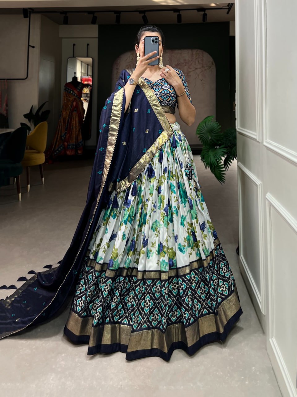 Designer Function Wear Blue Flower Digital Printed Lehenga Choli For Women