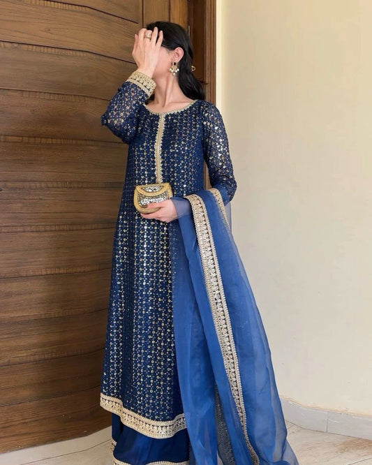 Navy Blue Color Wedding Wear Sequence Work Sharara Suit