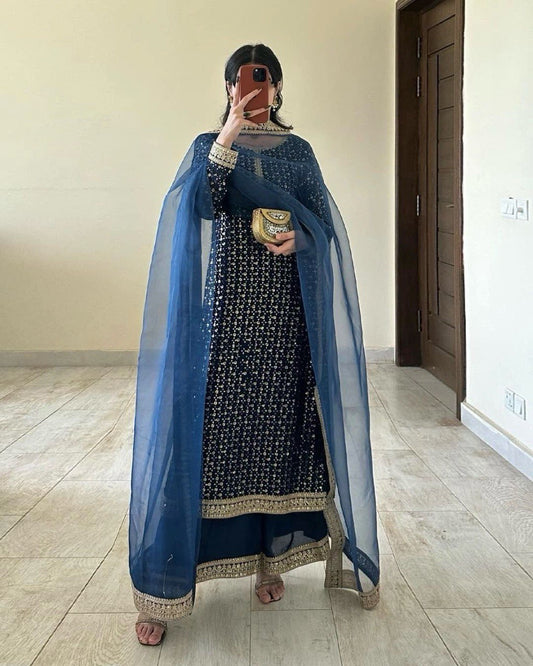 Navy Blue Color Wedding Wear Sequence Work Sharara Suit