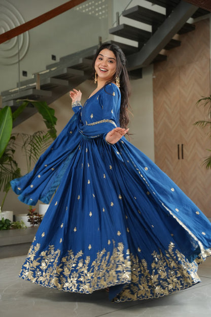 Royal Blue Color Chinon Silk With Embroidery Work Long Gown With Dupatta