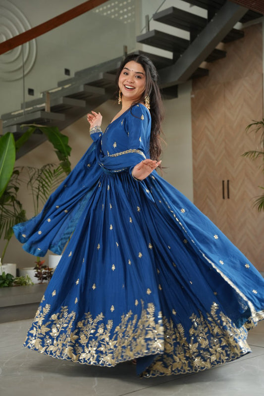Royal Blue Color Chinon Silk With Embroidery Work Long Gown With Dupatta