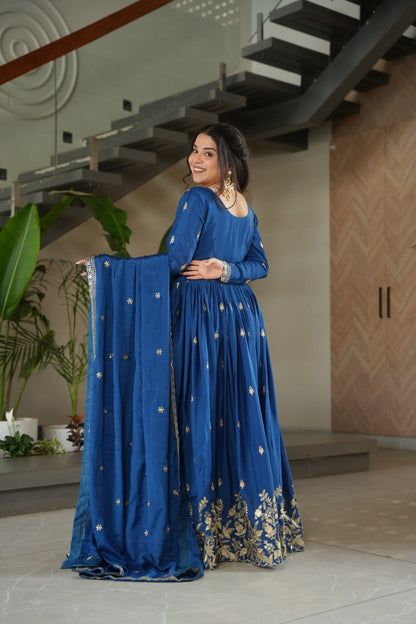 Royal Blue Color Chinon Silk With Embroidery Work Long Gown With Dupatta