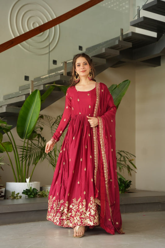 Red Color Chinon Silk With Embroidery Work Long Gown With Dupatta
