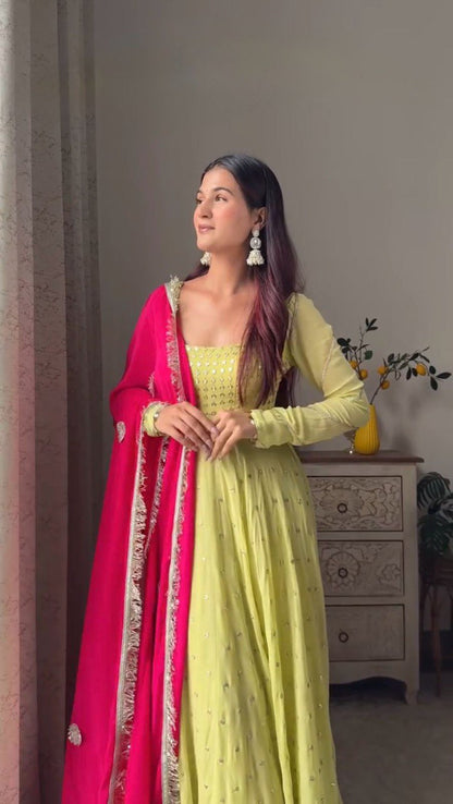 Designer Yellow Color Georgette With Sequence Work Long Anarkali Gown
