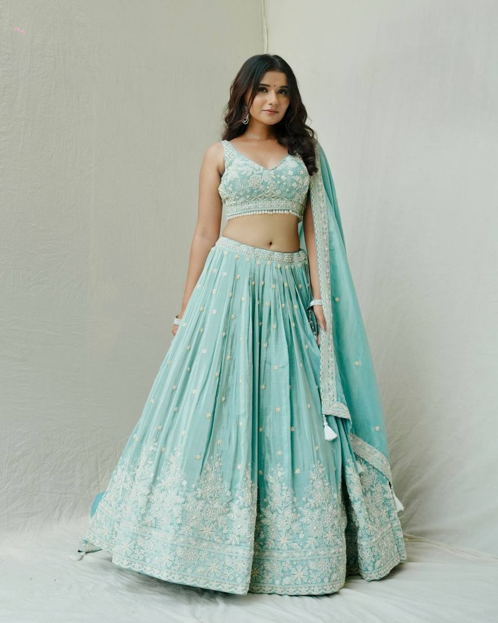 Sea Green Color Roman Silk Thread With Sequence Work Lehenga Choli