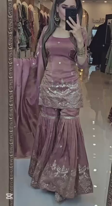 Onion Pink Color Simar Silk With Sequence Work Sharara Suit For Women