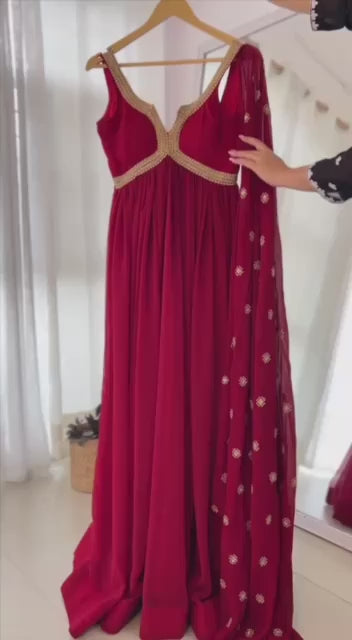 Maroon Colour Sequence Embrodery Work Anarkali Gown